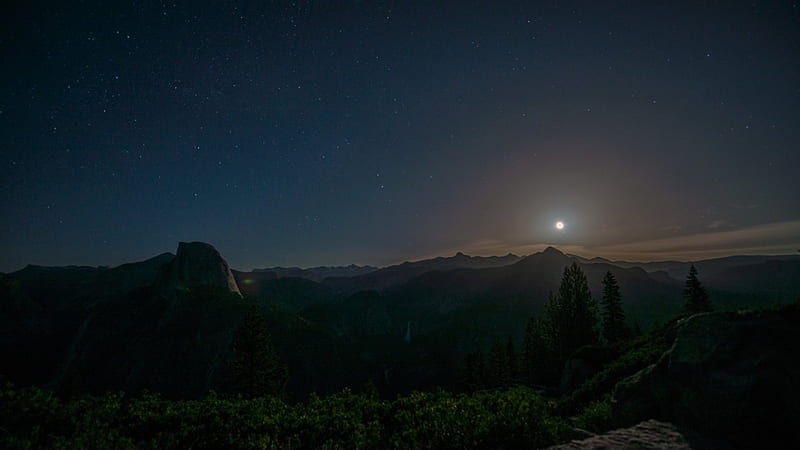 moonrise over yosemite, stars, moon, mountains, trees, night, HD wallpaper