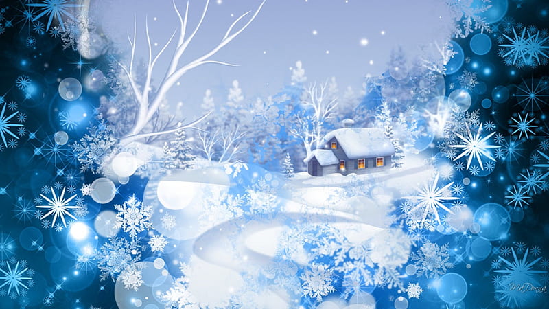 Winter Wonderland, warm, cozy, cottage, collage, framed, trees, winter, snow, blue, HD wallpaper