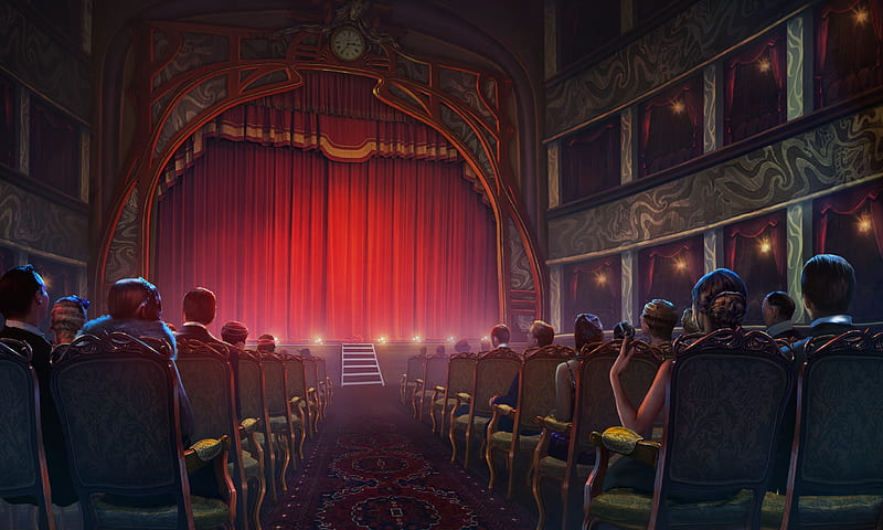 Theatre, red, fantasy, people, game, curtain, HD wallpaper