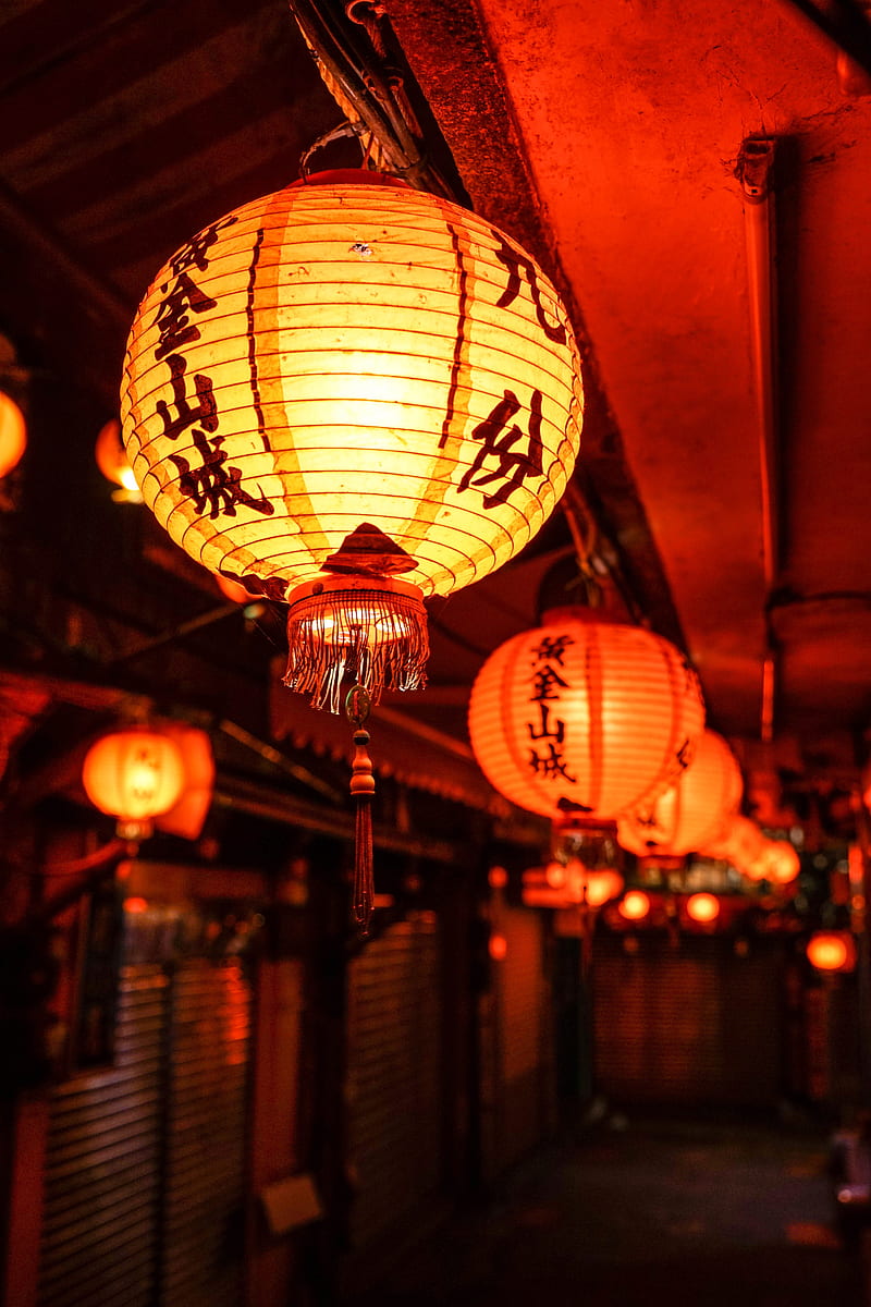 chinese lanterns, lanterns, hieroglyphs, light, glow, HD phone wallpaper