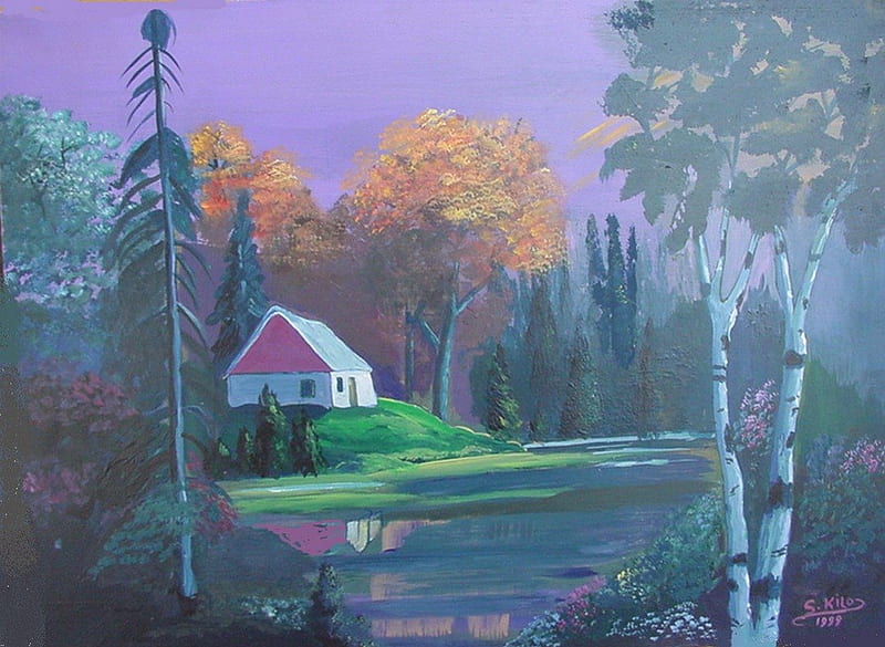 nature oil painting by saad kilo, lighting, cottage, dusk, kake, trees, nature, river, evening, night, HD wallpaper