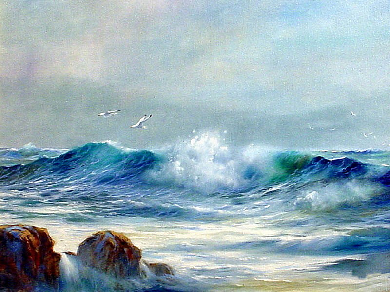 Breaking Waves F2, rocks, art, ocean, owes, shoreline, waves, seagulls, sea, clyde owes, painting, coast, HD wallpaper