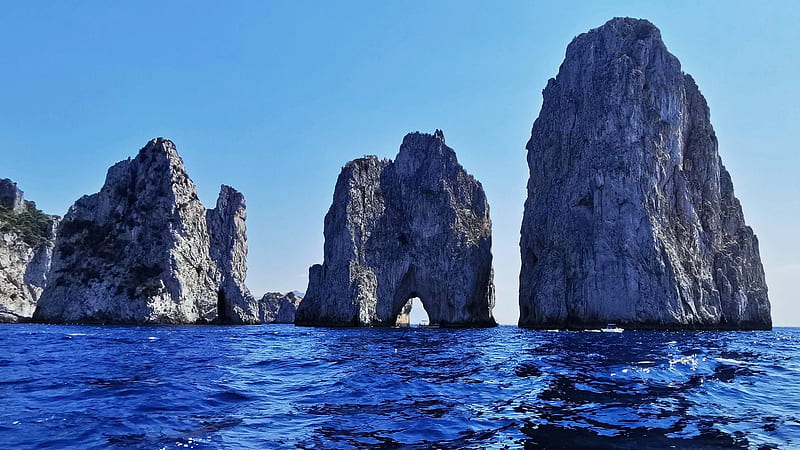 Faraglioni, Capri, Italy, mediterranean, sea, rocks, coast, sky, HD wallpaper