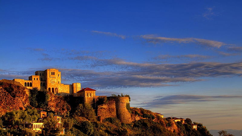 beautiful hill top castle in durres albanis r, town, r, castle, sky, bushes, hill, HD wallpaper