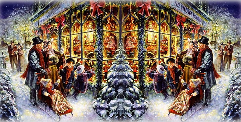 Reflections of Christmas Past, shop, tree, window, victorian, christmas, snow, winter, HD wallpaper