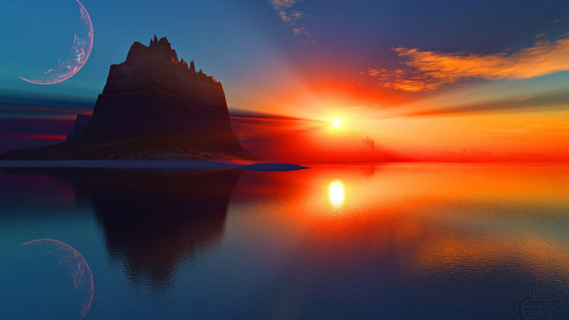 Sunset from Another Dimension, oceans, dimension, sun, orange, rock, clouds, afternoon, stones, lightness, bright, sunrise, evening, reflection, moonlit, two suns, art, , paint, brightness, sky, abstract, water, purple, surface, moonlight, violet, red, brown, twilight, artwork, sea, beautiful sunset, moon, cliffs, sunsets, mirror, pink, light, blue, reflex, view, magenta, colors, maroon, 3d, beautiful night, nature, another dimension, HD wallpaper