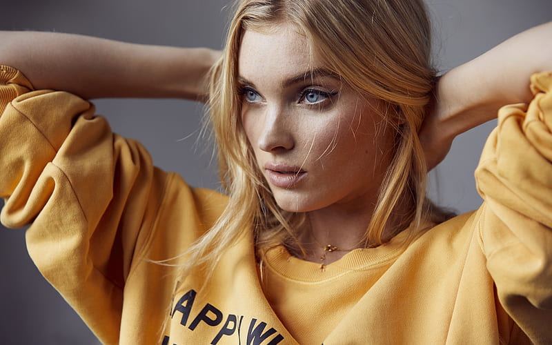 Elsa Hosk, Swedish top model, yellow sports jacket, portrait, blonde, blue eyes, beautiful young woman, HD wallpaper