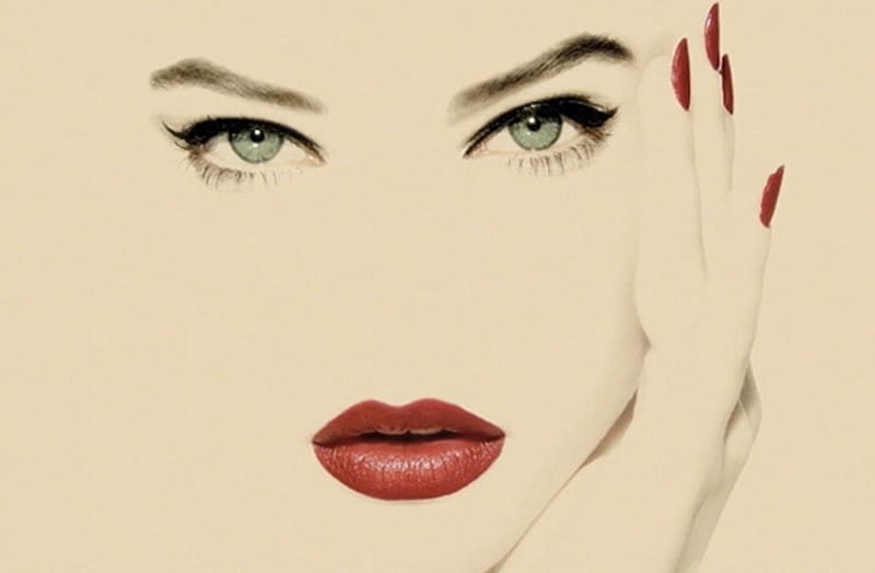 I Love Chanel, nail polish, red, green, face, interesting, eyes, lips, eyebrows, HD wallpaper