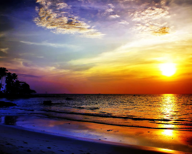 Multicolors Seascape, beach, colorful, ocean, sea, sky, sun, sunrise, sunset, wave, HD wallpaper