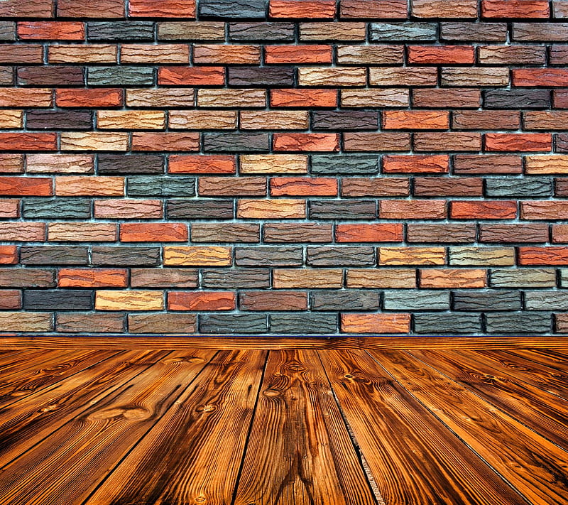 Brick Wall, floor, hardwood, room, wood, HD wallpaper