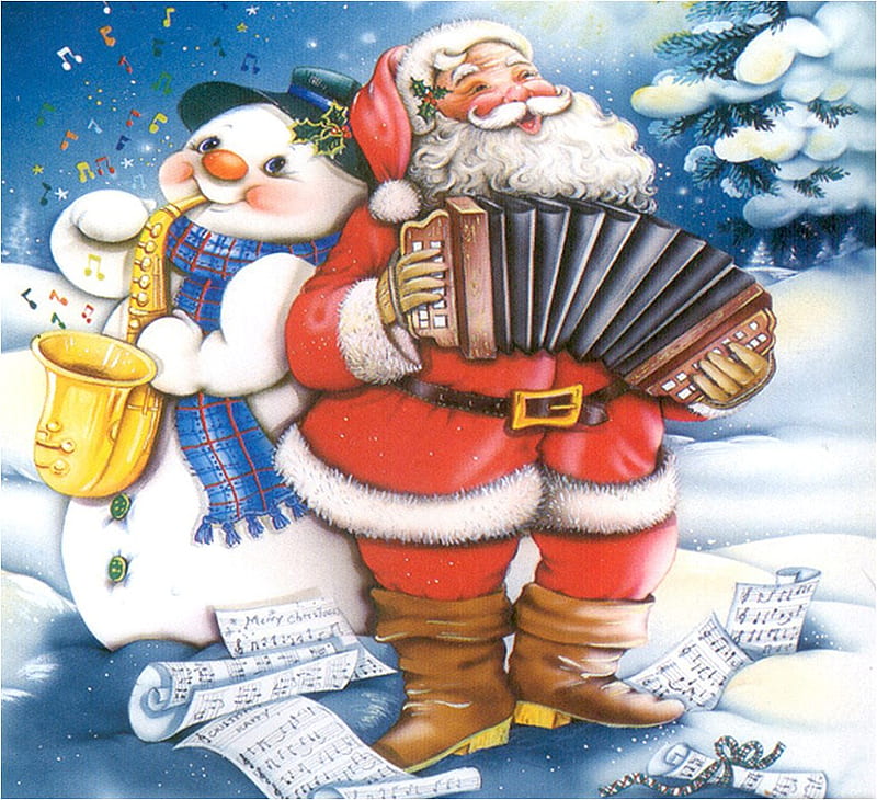 Santa playing harmonica, christmas, music, harmonica, snta, ice, snowman, winter, HD wallpaper