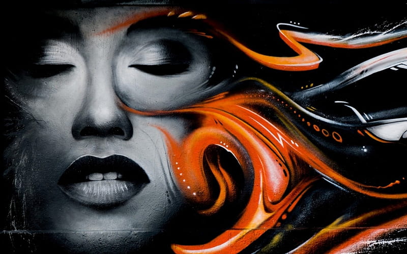 Graffiti, art, orange, black, woman, wall, fantasy, girl, texture, face, white, HD wallpaper
