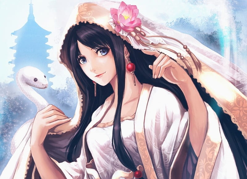Beauty, manga, bride, girl, anime, flower, asian, temple, white, pink, snake, blue, HD wallpaper