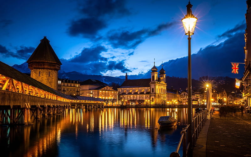 Lucerne Reuss River, nightscapes, street, swiss cities, Wasserturm, Switzerland, Europe, Lucerne at night, HD wallpaper