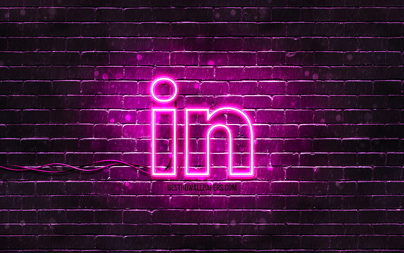 LinkedIn purple logo purple brickwall, LinkedIn logo, social networks, LinkedIn neon logo, LinkedIn, HD wallpaper