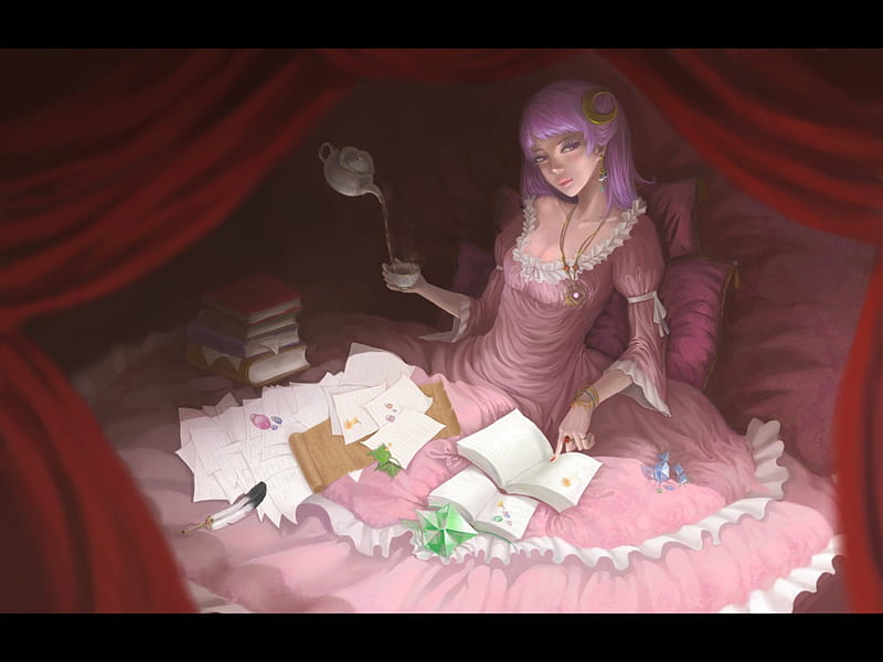 Read This Part, dress, necklace, books, purple hair, teacup, patchouli knowledge, bed, teapot, anime, touhou, purple eyes, papers, HD wallpaper
