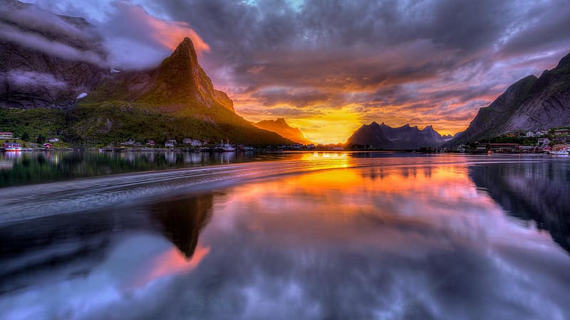 Sunset at a Norwegian Fjord, mountain, reflections, colors, clouds, trees, sky, water, HD wallpaper