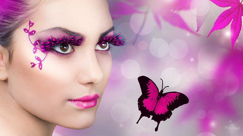 Butterfly Eyes, butterfly wings, firefox persona, butterflies, abstract, woman, sexy, leaves, bokeh, eyes, pink, HD wallpaper