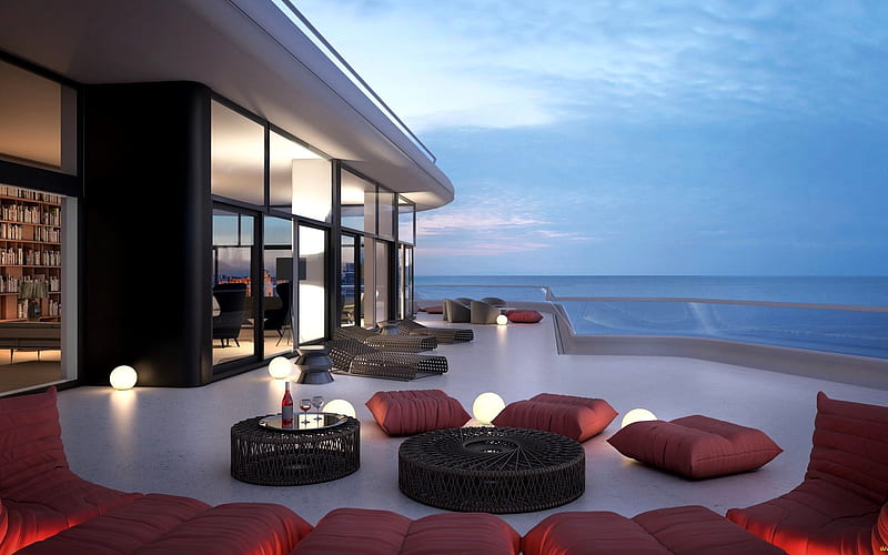 Terrace by Sea, house, lights, sea, terrace, HD wallpaper