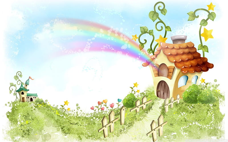 Digital art2, rainbow, house, paint, drawing, HD wallpaper