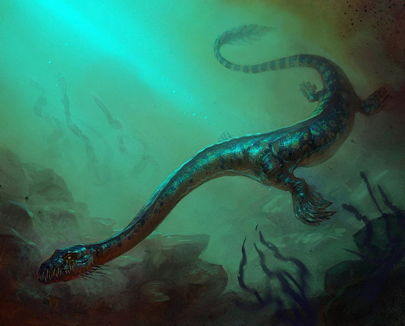 Sea Serpent, rocks, ocean, dinosaur, seaweed, HD wallpaper