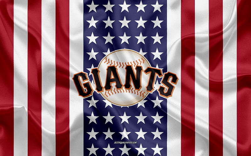 San Francisco Giants logo, emblem, silk texture, American flag, American baseball club, MLB, San Francisco, California, USA, Major League Baseball, baseball, silk flag, HD wallpaper