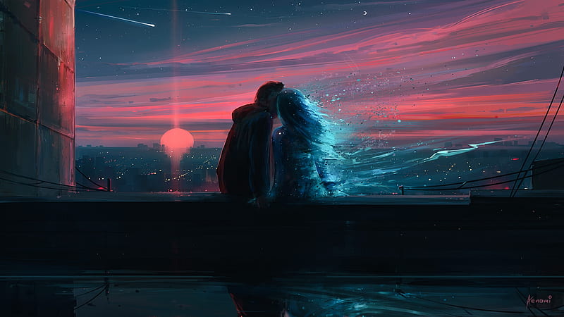 The day you left, frumusete, fantasy, luminos, alena aenami, couple, night, blue, red, lovers, love, HD wallpaper