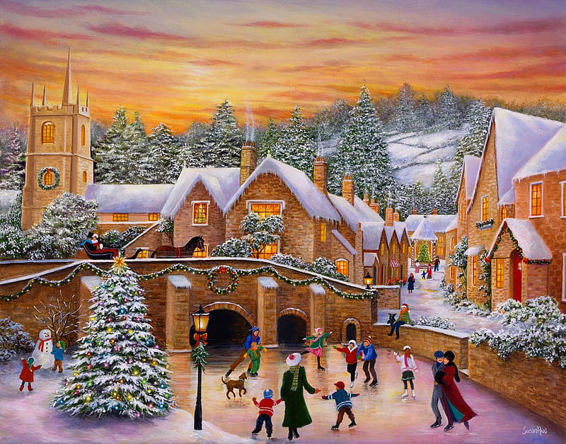 Christmas town, bridge, christmas, holiday, snow, town, ice, winter, art, skate, sunset, HD wallpaper