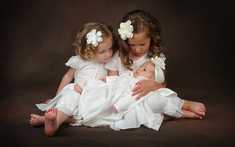 three sisters , beauty, flowers, girls, white, HD wallpaper