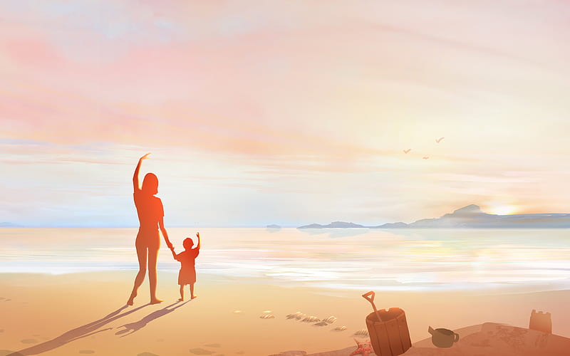 Mother Day Seaside Beach Sunset Illustration, HD wallpaper