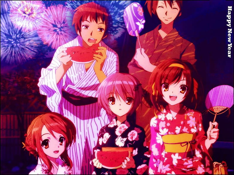 SOS Brigade New Year, haruhi, anime, itsuki, kyon, mikuru, yuki, HD wallpaper