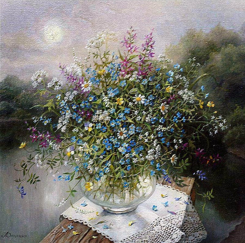 L.Datsenko. Me nots, daisies, peas and clover mouse, art, still life, painting, flower, l datsenko, HD wallpaper
