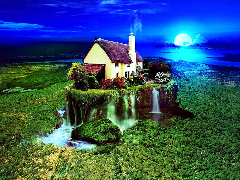 My little piece of the world, house, water, flowers, evening, island, falls, HD wallpaper
