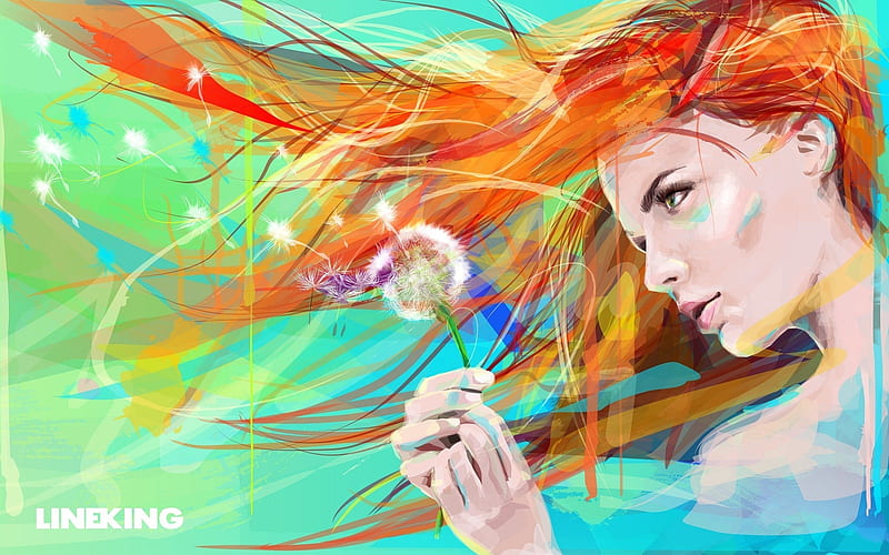 I wish..., art, orange, redhead, vara, dandelion, fantasy, girl, green, summer, blue, HD wallpaper