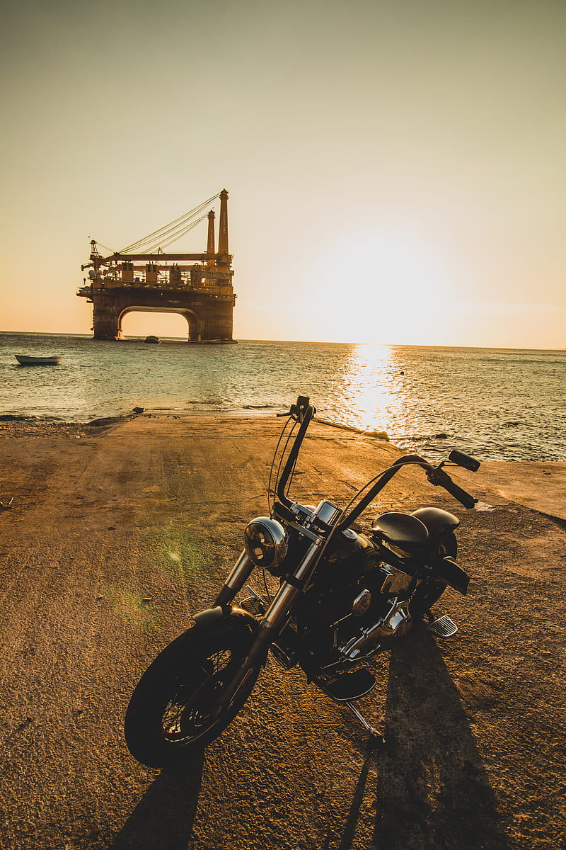 motorcycle, bike, chopper, black, beach, HD phone wallpaper