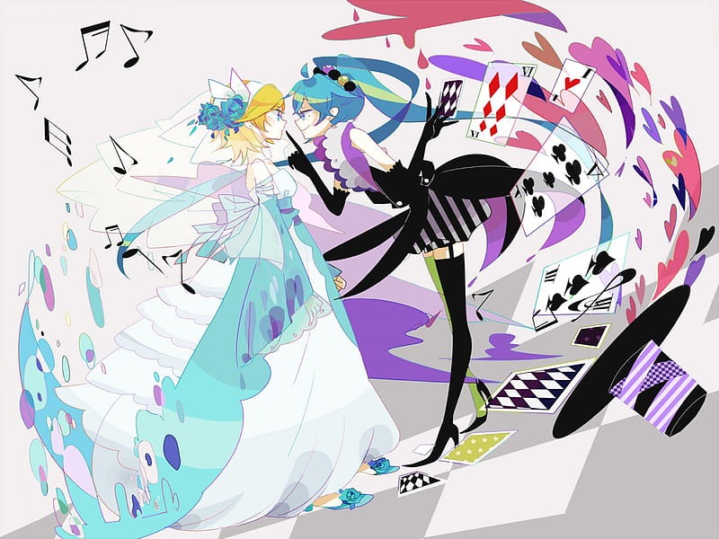 Alice in Wonderland, pretty, colorful, dress, hatsune miku, notes, bonito, thighhighs, song notes, nice, anime, beauty, kagamine, vocaloids, blue, vocaloid, kagamine rin, twintail, music, miku, black, corazones, hat, top hat, cute, hatsune, cool, song, cards, purple, rin, awesome, HD wallpaper