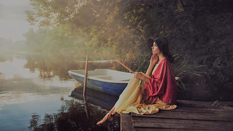 A Moment of Stillness, girl, pier, peaceful, reflection, trees, lake, fog, model, boat, beauty, HD wallpaper