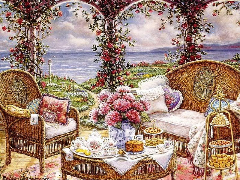 Relaxing place at teatime, architecture, comfortable seating, house, tables, view, relaxing place, bonito, teatime, tea, terrace, painting, chairs, flowers, nature, cakes, pillows, HD wallpaper