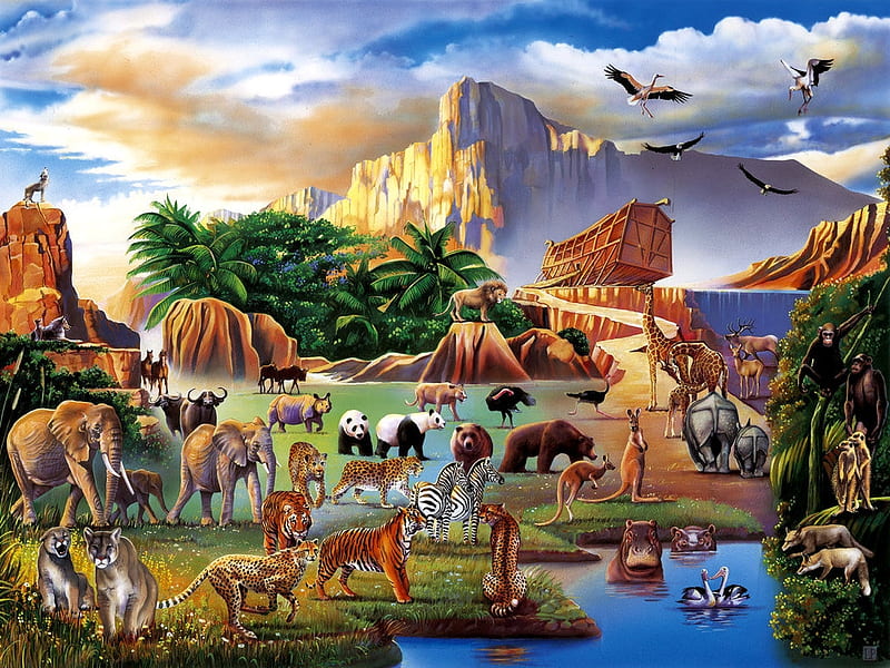 Noah's ark after the flood, art, luminos, noah, painting, pictura, ark, animal, HD wallpaper