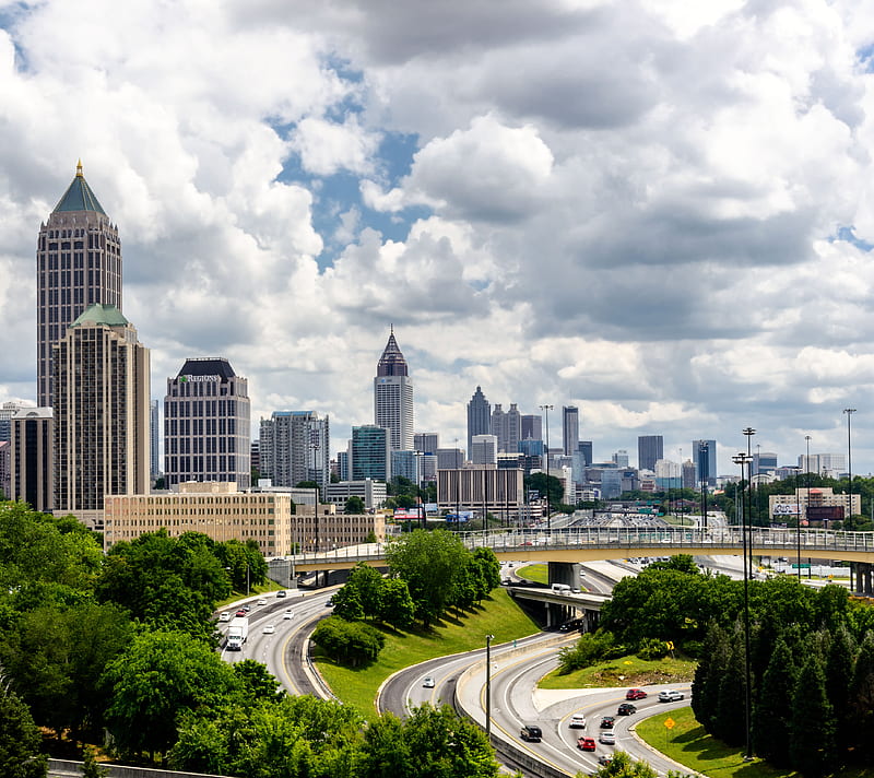 Atlanta, city, downtown, highway, midtown, sky, skyscrapers, trees, HD wallpaper