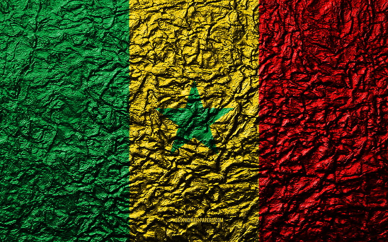 Flag of Senegal stone texture, waves texture, Senegalese flag, national symbol, Senegal, Africa, stone background, HD wallpaper