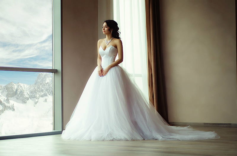Gorgeous Bride, helga lovekaty, window, snow, bride, white, gorgeous, HD wallpaper