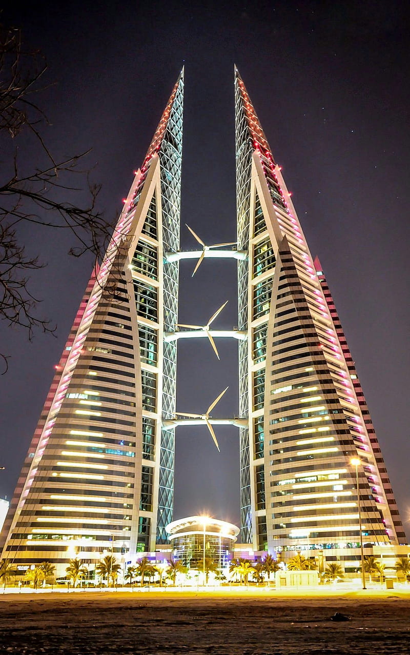 Bahrain WTC, city, dubai, night, tower, twintower, windmill, world, HD phone wallpaper