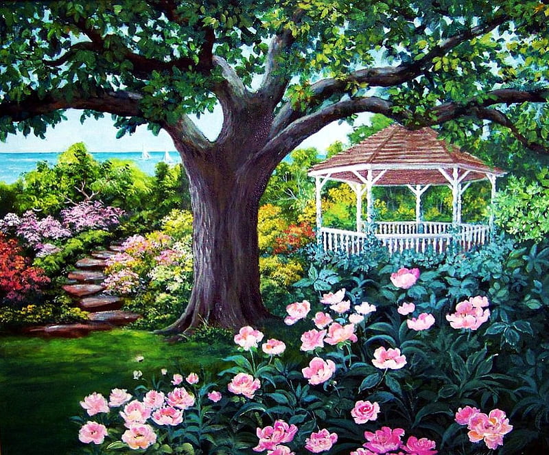 Gazebo by the Lake, tree, water, flowers, blossoms, stairs, garden, artwork, HD wallpaper