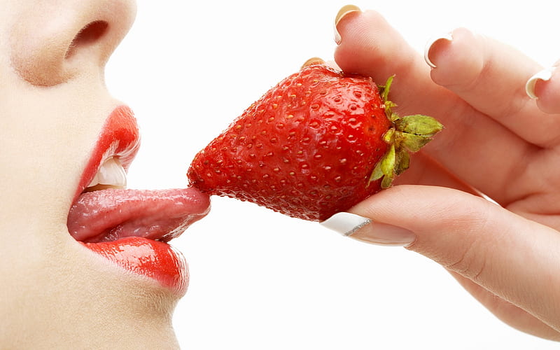 Tasting spring, strawberry, spring, woman, lips, wall, tongue, graphy, taste, tasting, hand, HD wallpaper