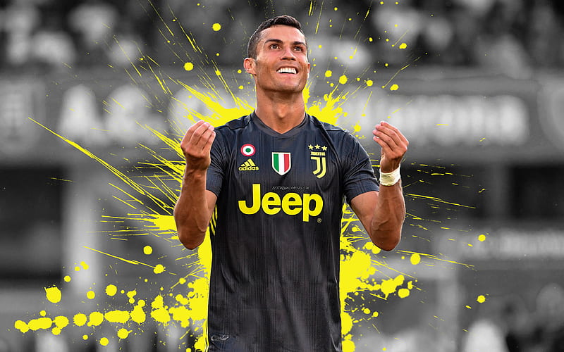 Cristiano Ronaldo grunge, CR7 Juve, black uniform, Juventus, soccer, Serie A, Ronaldo, CR7, creative, match, footballers, Juventus FC, Bianconeri, HD wallpaper