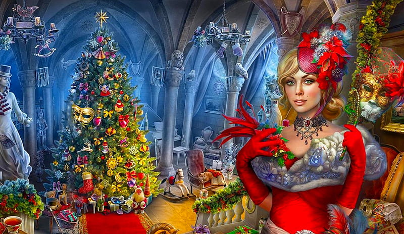 Christmas Greetings, girl, art, fantasy, christmas, digital, woman, HD wallpaper