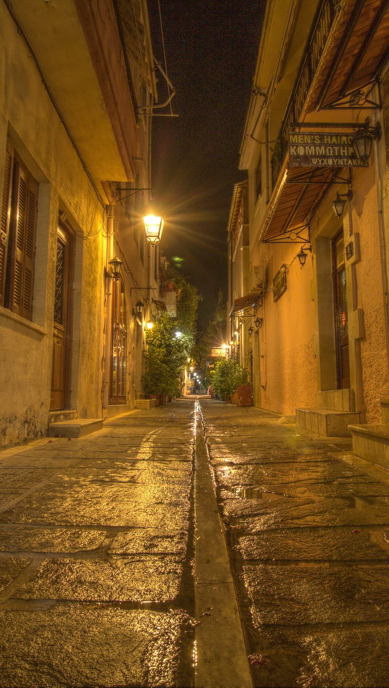 Street night, city, crete, greece, night, old, town, HD phone wallpaper