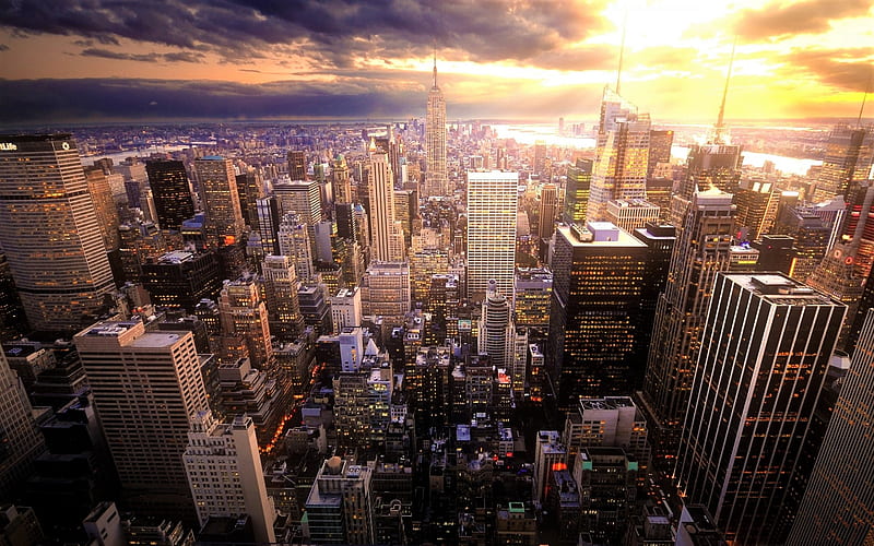 New York City, sunset, panorama, Manhattan, NYC, cityscapes, New York, USA, America, HD wallpaper