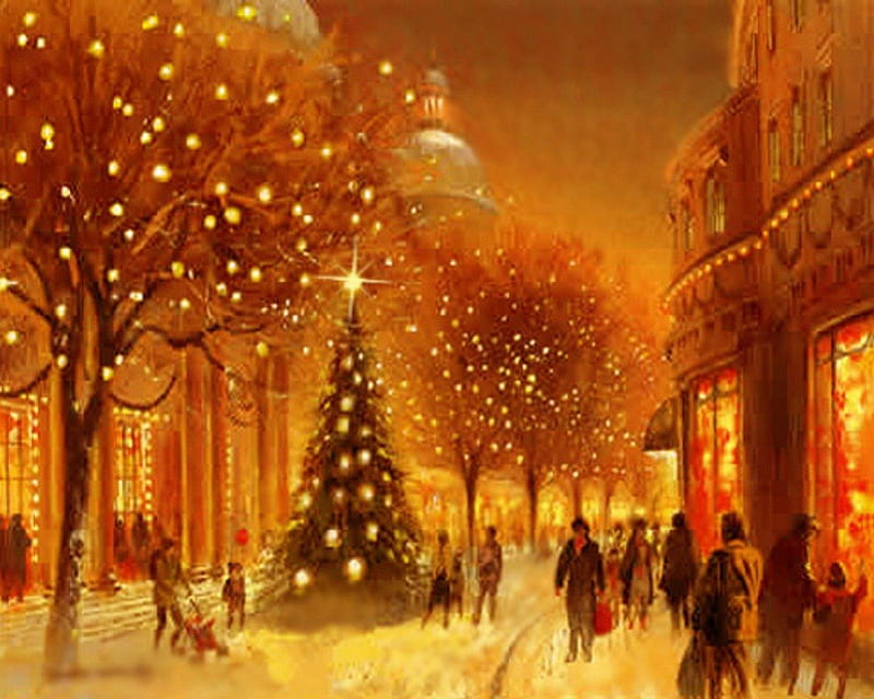 Christmas Day, house, holidays, shopping, lights, city, people, snowy sidewalks, star, kids, holiday, lighting, fun, christmas trees, mood, winter, happy, snow, HD wallpaper
